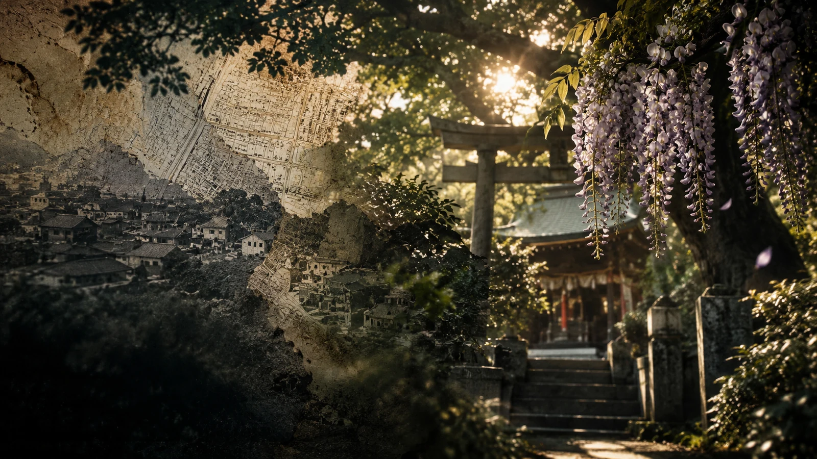 旧國領神社の記憶を藤と鳥居、街並みで象徴的に表した創作ビジュアル