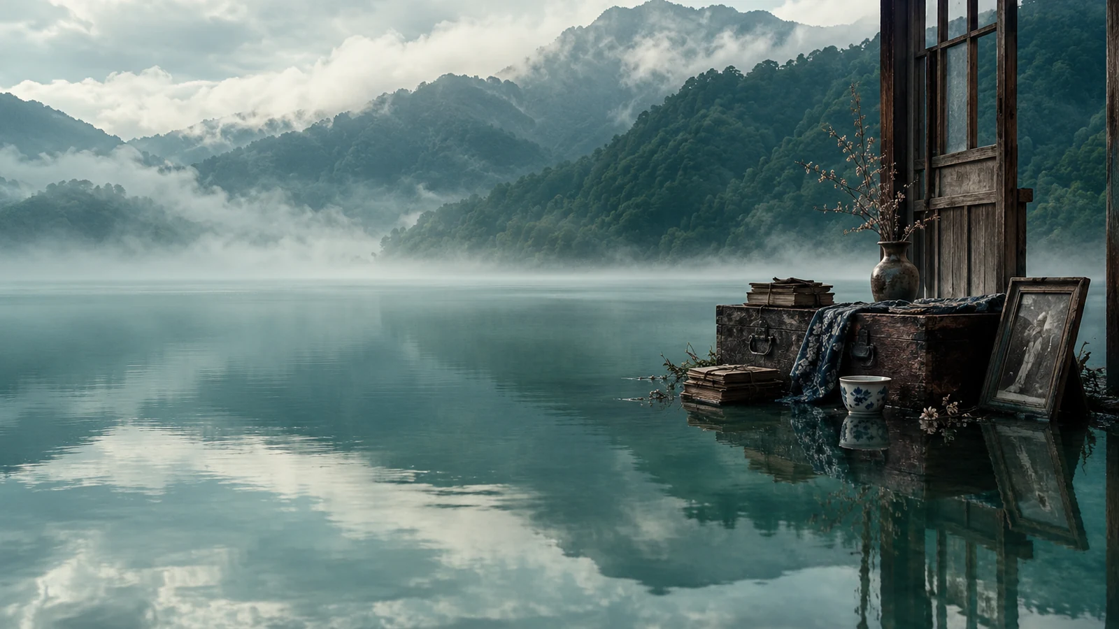 霧の山間の湖と旧村の生活道具を象徴的に表現した創作ビジュアル