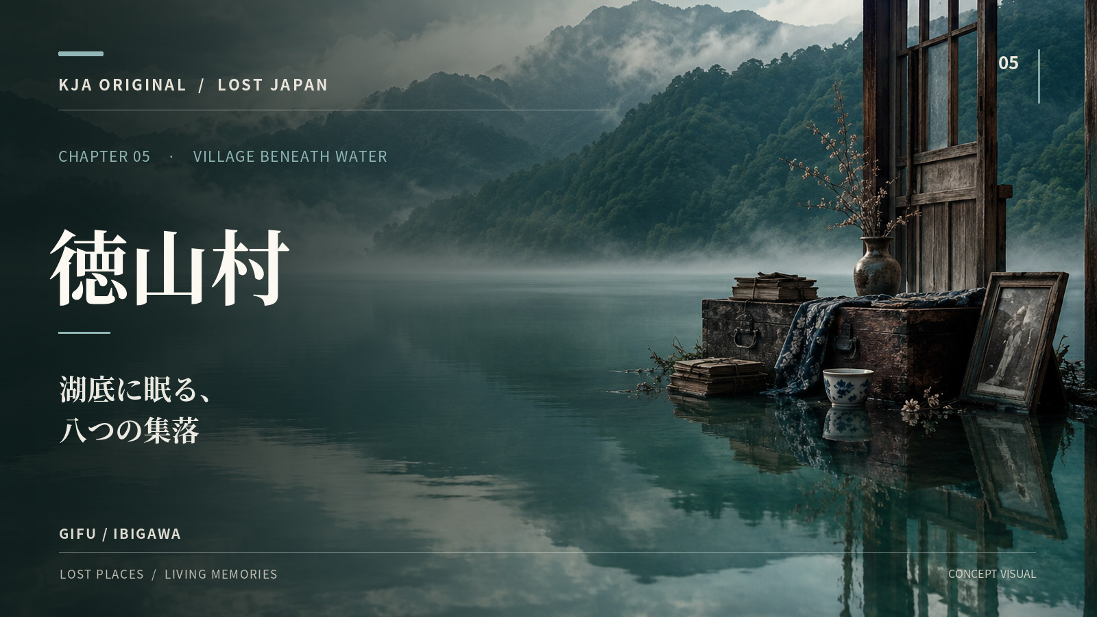 霧の山間の湖と旧村の生活道具を象徴的に表現した創作ビジュアル(創作コンセプトビジュアル)