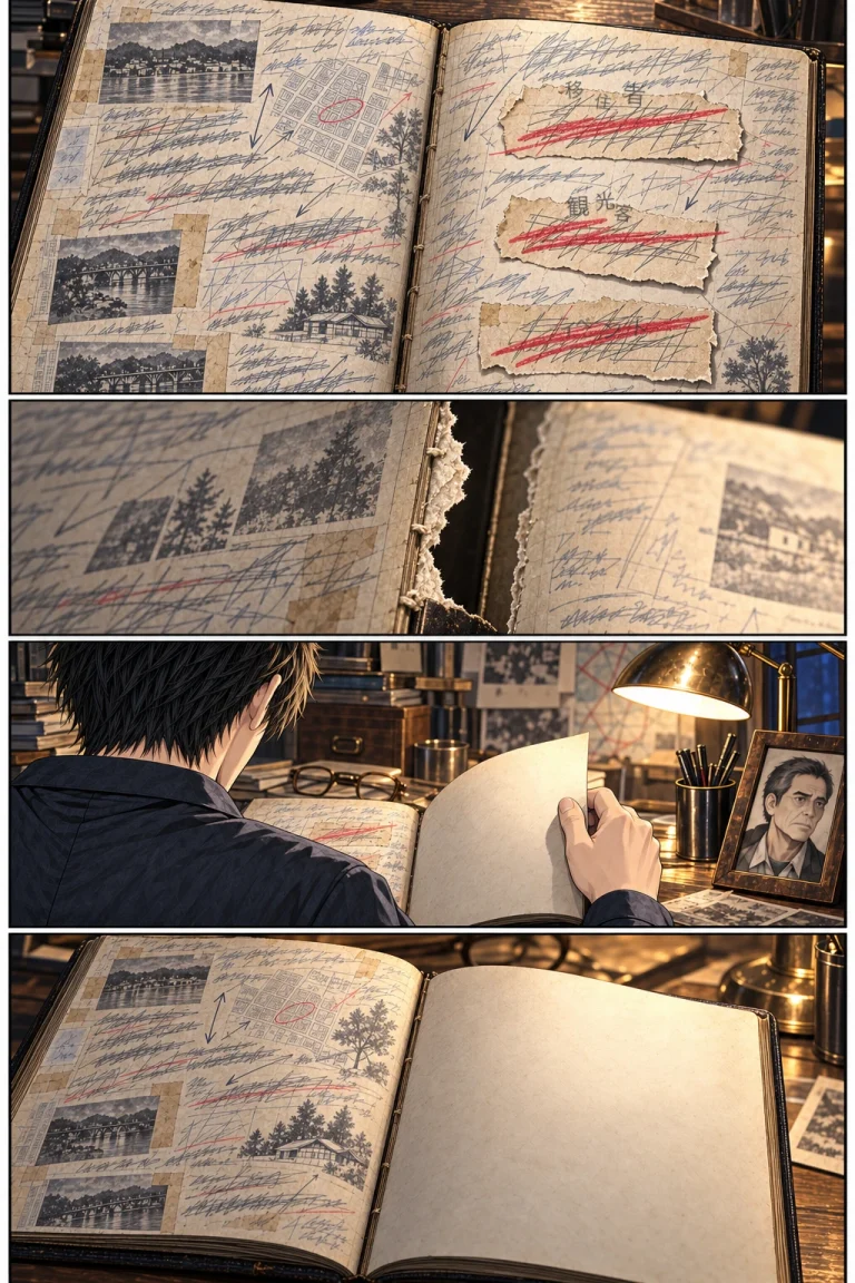 書き込みで埋まった普通綴じのノート。三つの案に古い取消線があり、綴じ側に不自然な破れ跡が残る
