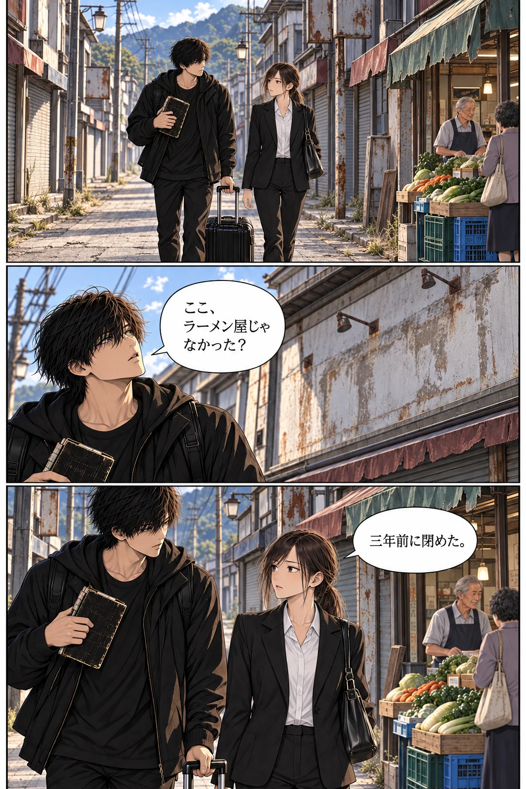 人影の少ない駅前を歩くレン