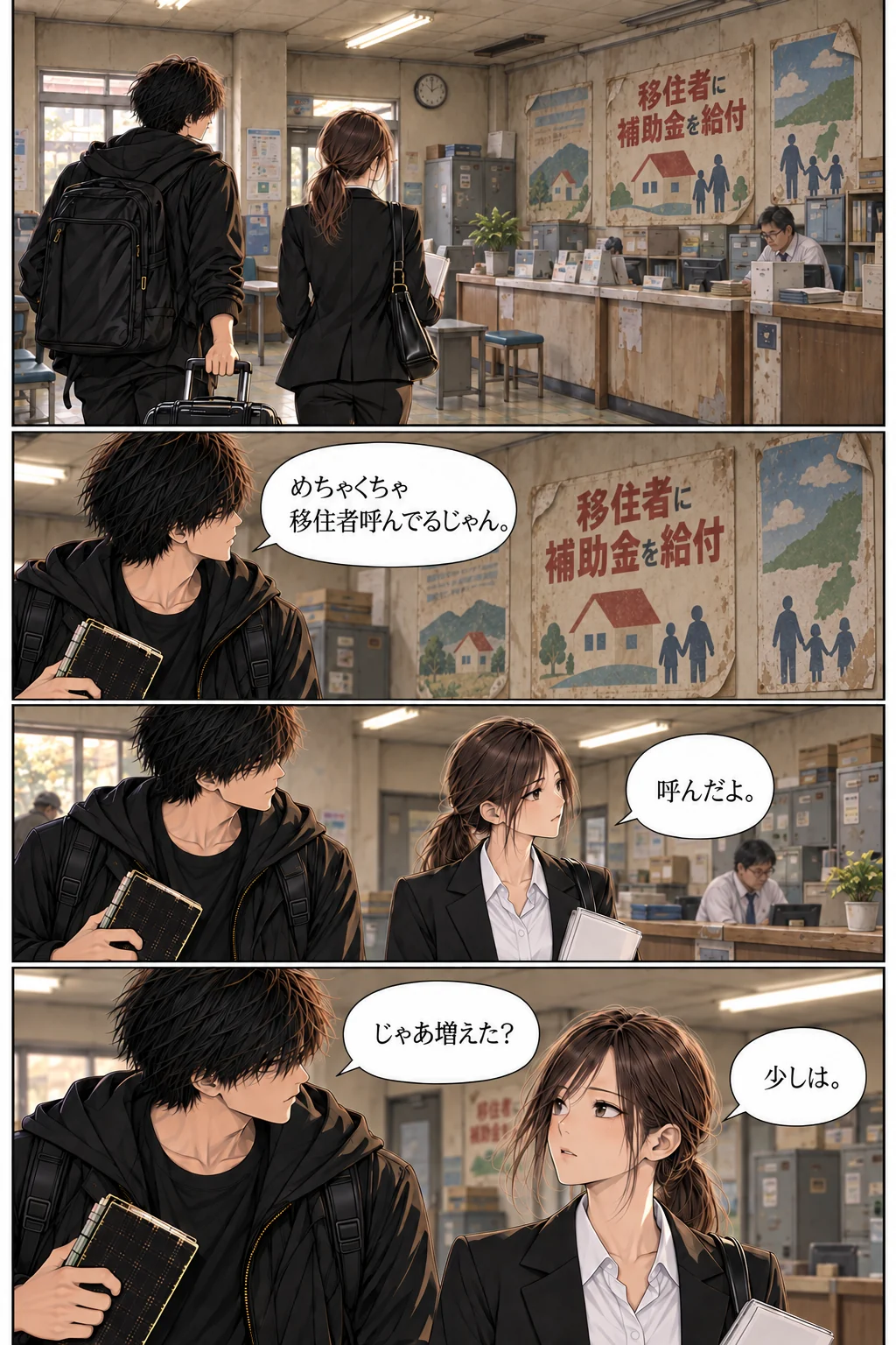 移住者への補助金を知らせるポスターを見るレン