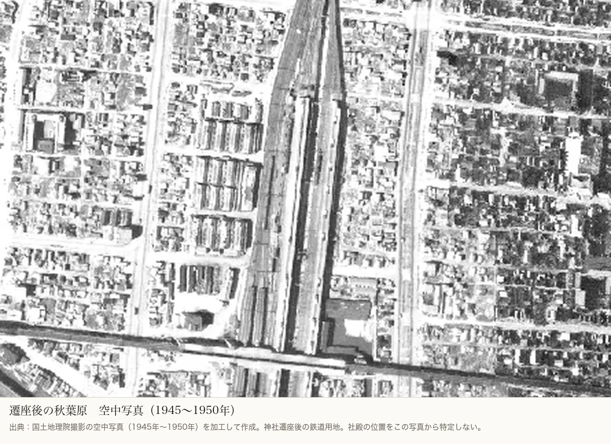 国土地理院の空中写真。1945年から1950年の秋葉原駅周辺。広い鉄道用地が見える