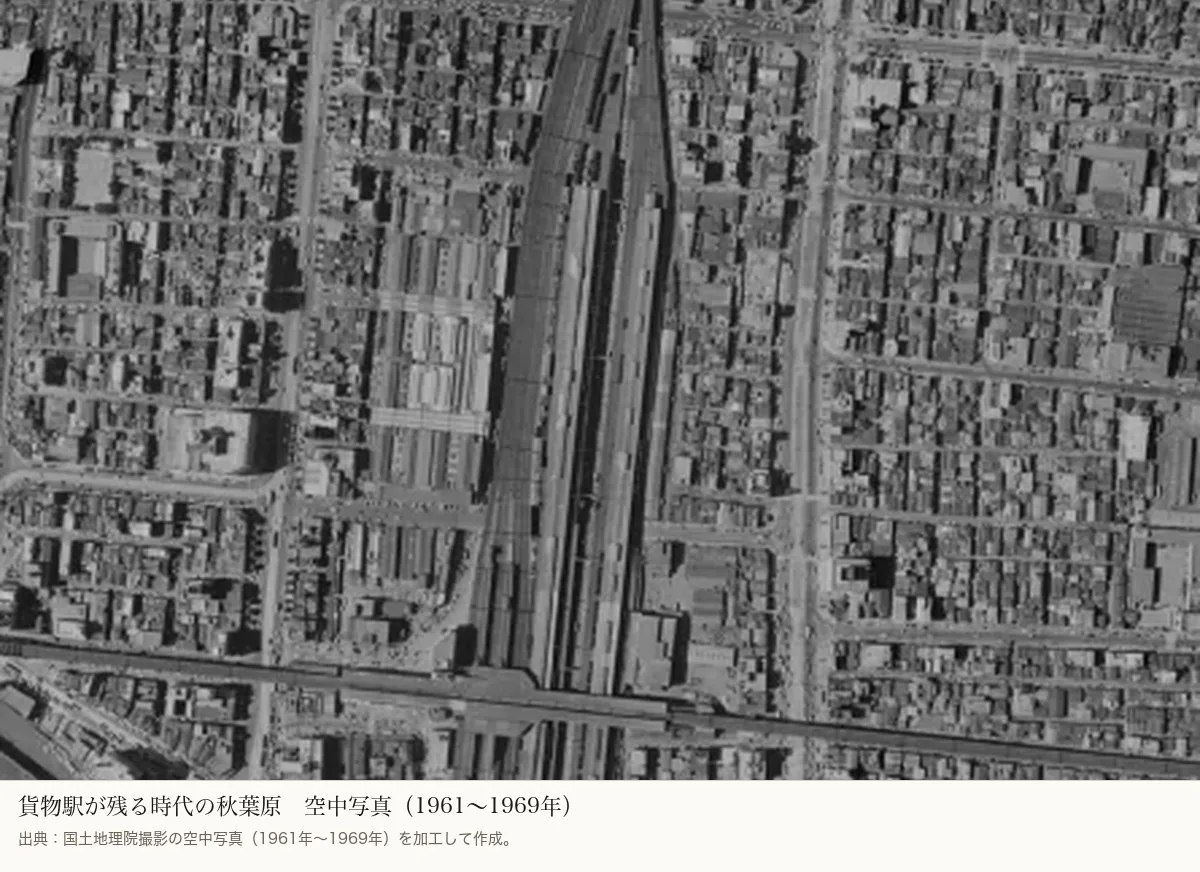 国土地理院の空中写真。1961年から1969年の秋葉原。貨物駅の線路が残る