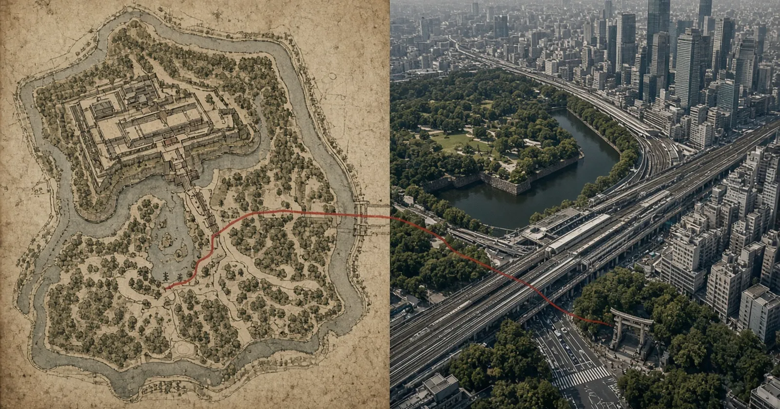 古地図の江戸城と、日比谷公園から新橋の鉄道へ向かうイメージ。地図から消えた日本 #03 日比谷神社