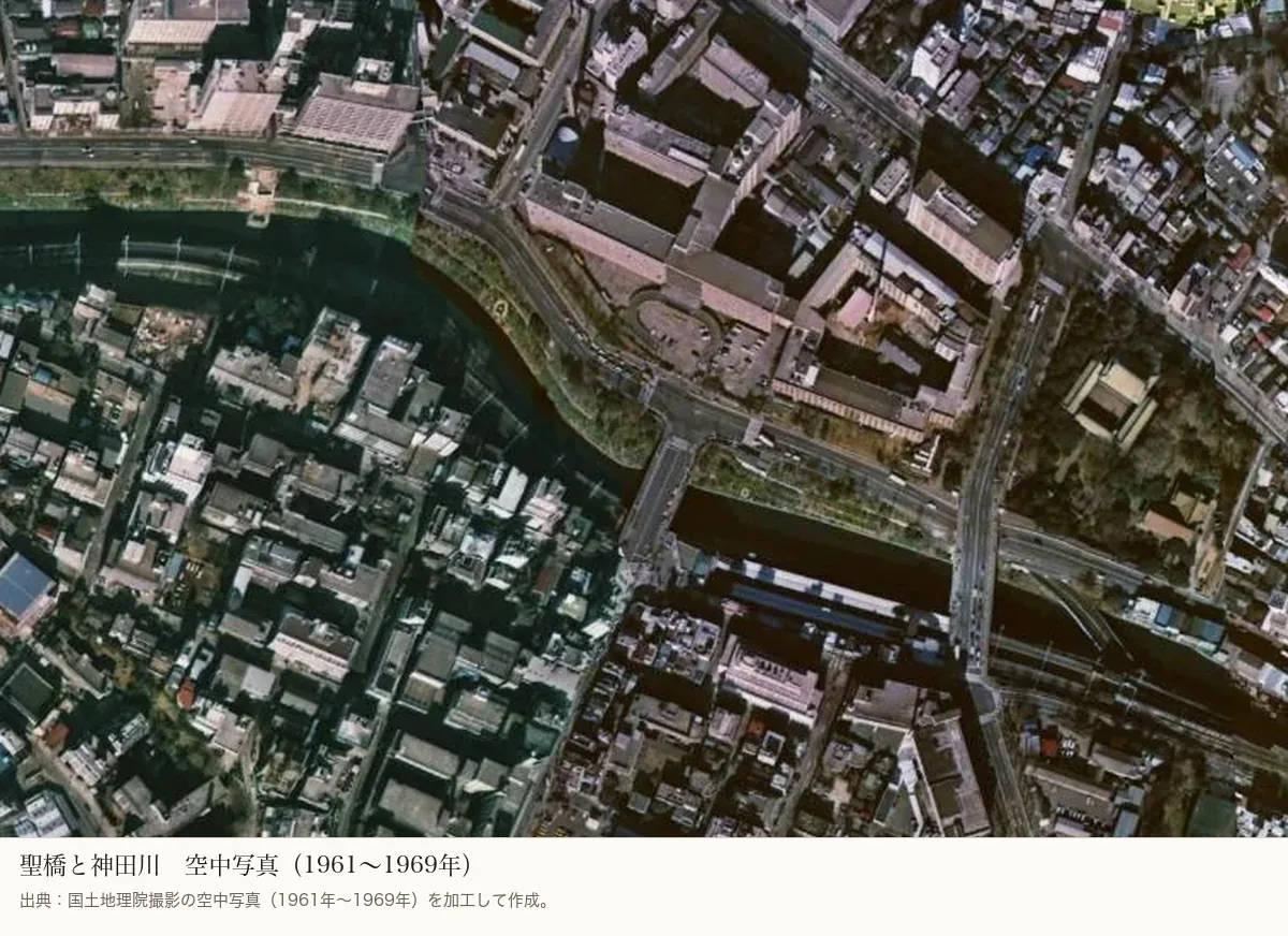 国土地理院の空中写真。1961年から1969年の聖橋と神田川