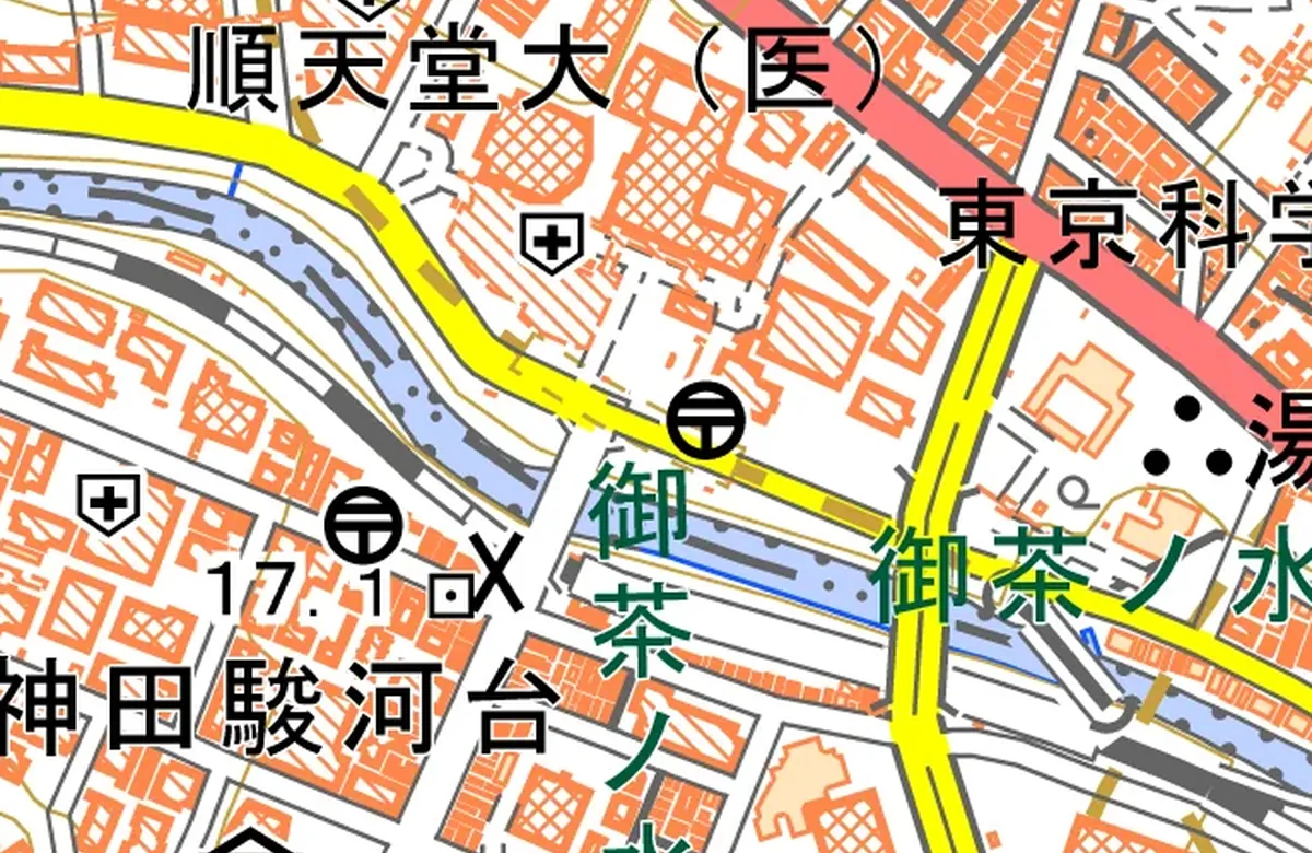 現在の御茶ノ水駅周辺の地理院地図