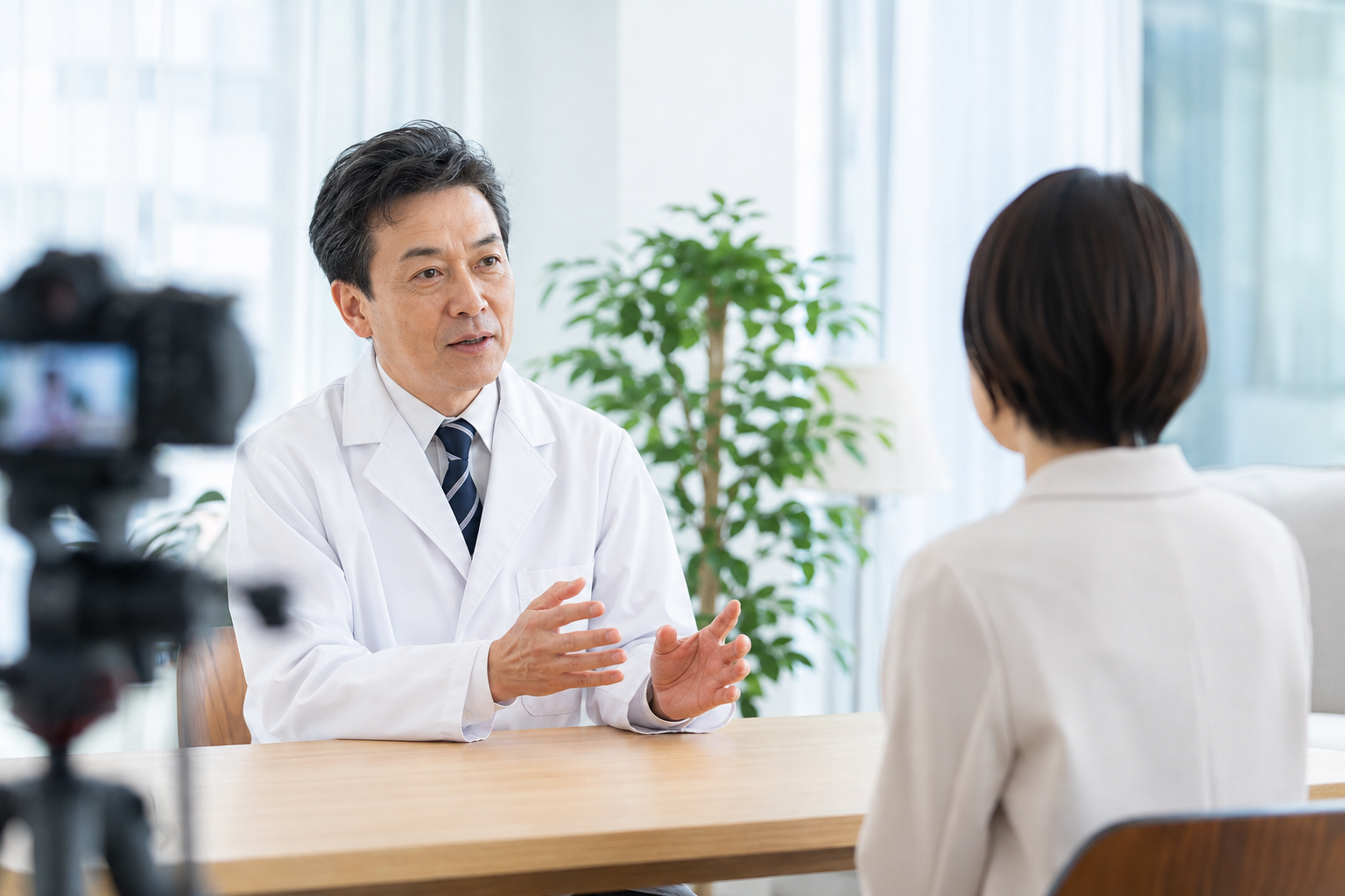 医師とインタビュアーが対話する医療取材のイメージ
