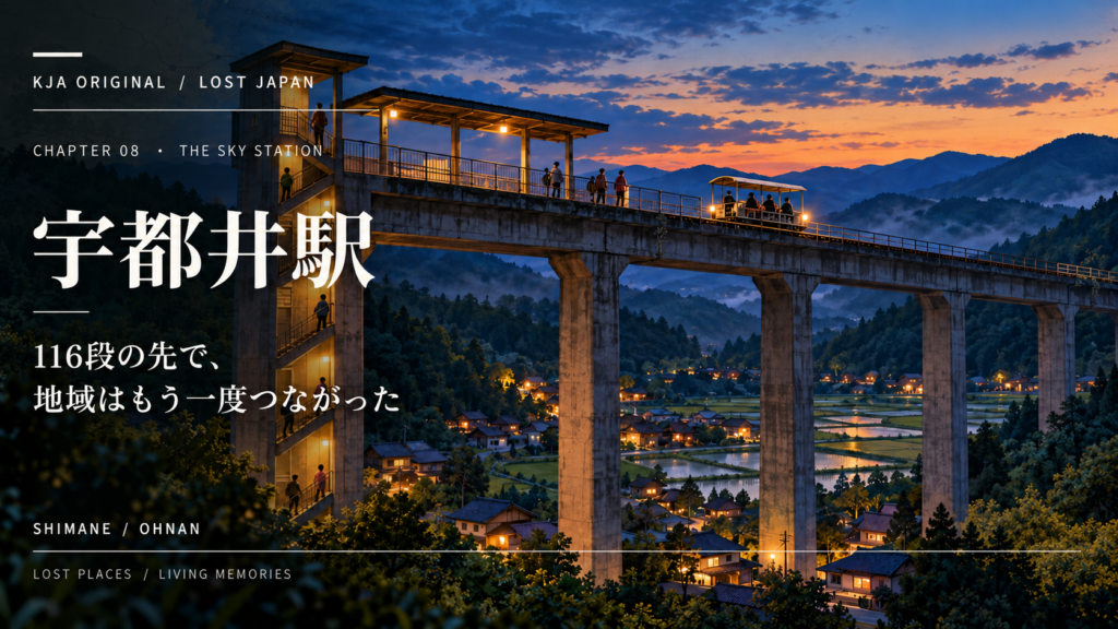旧宇都井駅の高架ホームと116段の階段を描いた「地図から消えた日本」第8回の白文字入り創作ビジュアル