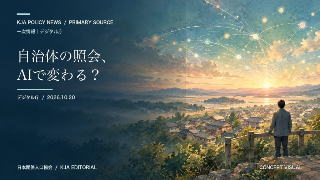 自治体と国の情報のつながりを象徴的に描いたコンセプトビジュアル。実在の地域・システム画面ではありません。