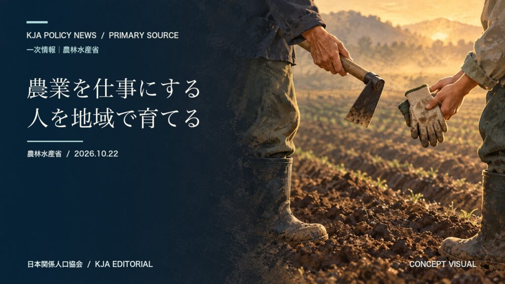 農業を仕事にする人と受け入れ側の育成を象徴するコンセプトビジュアル。実在の人物や農地ではありません。