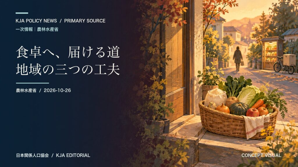 食べ物が地域の家庭に届く様子を象徴的に描いたイラスト。受賞団体や実在の場所を描いたものではありません