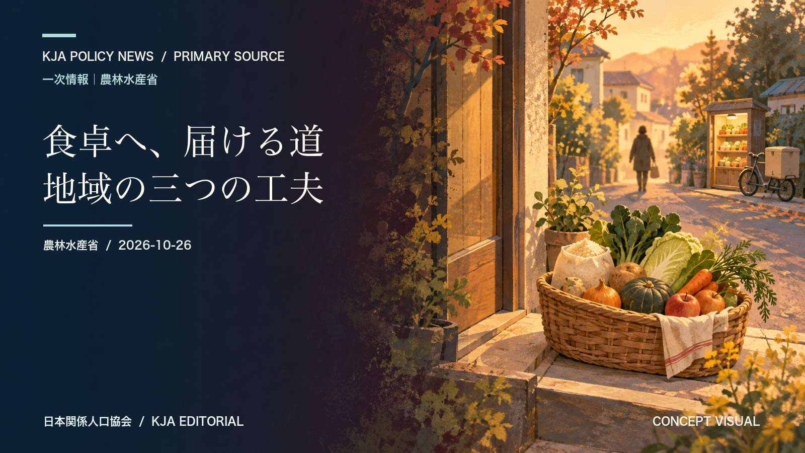 食べ物が地域の家庭に届く様子を象徴的に描いたイラスト。受賞団体や実在の場所を描いたものではありません