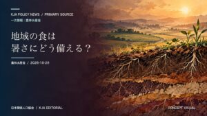 架空の畑の土層と根を描いたコンセプトビジュアル。実在の農地や高温・渇水被害を示したものではありません