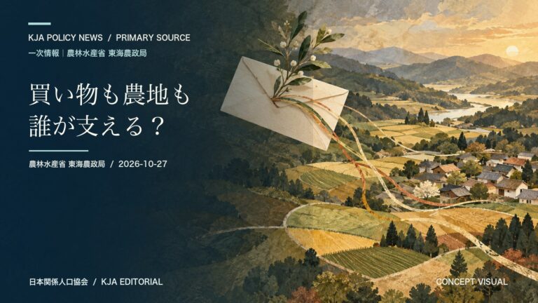 封筒から伸びる枝と糸が農村の風景につながる抽象的なコンセプトビジュアル。実在の郵便局や事業を描いたものではありません