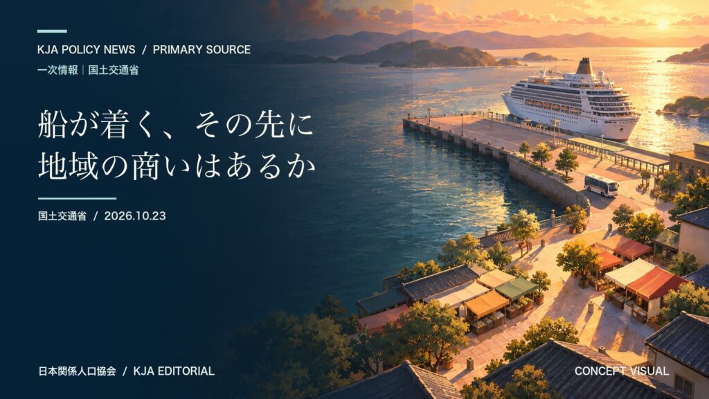 クルーズ船の寄港地とまちの商いへの動線を描く概念イラスト。実在の港ではありません