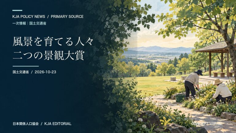 住民が公園の植栽を手入れする場面を描いた概念イラスト。受賞地の実景ではありません
