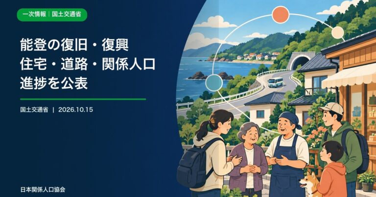 能登の海と地域の住宅、道路、住民と地域外の支援者を描いた復旧復興の政策ニュース画像