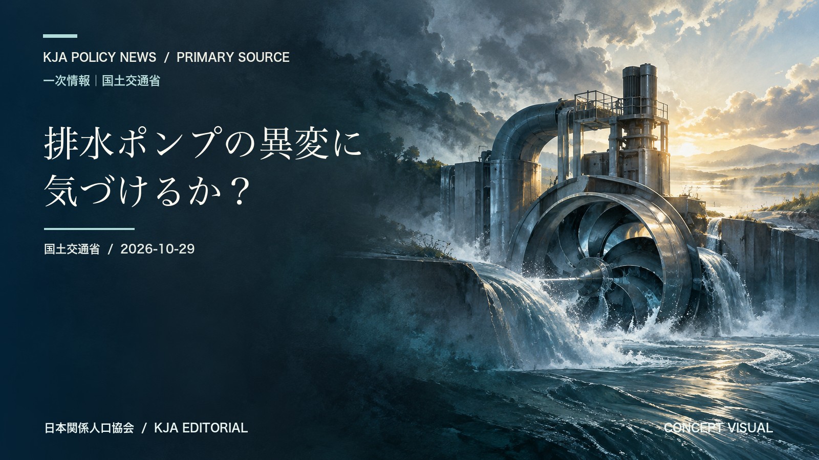 架空の排水ポンプと水の流れを描いたコンセプトビジュアル。実在の施設、災害、研究成果を示すものではありません
