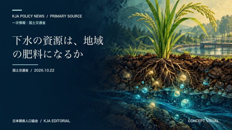 下水汚泥由来の資源と地域の肥料利用を象徴的に描いたコンセプトビジュアル。実在の処理場や農地ではありません。