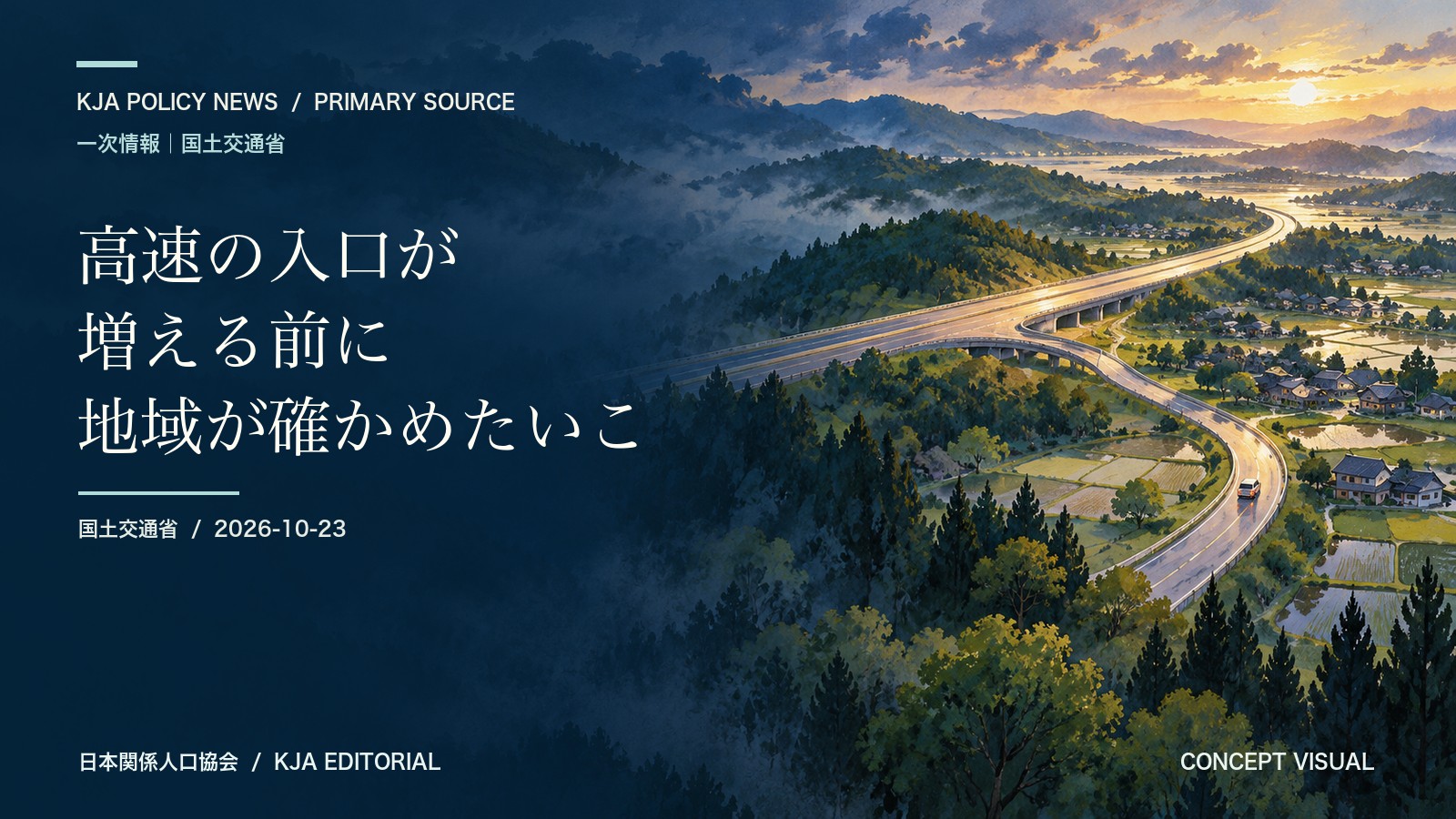 山あいの道と高速道路の接続を描いた概念イラスト。実際の整備箇所ではありません
