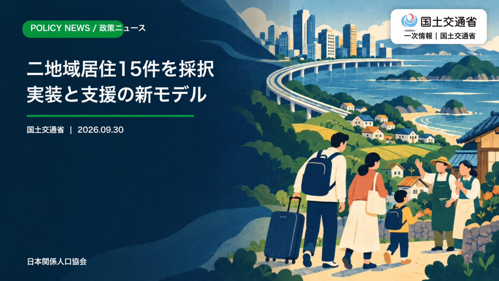 国土交通省ロゴと一次情報表記を加えた、二地域居住の先導的取組15件を伝える政策ニュースのサムネイル