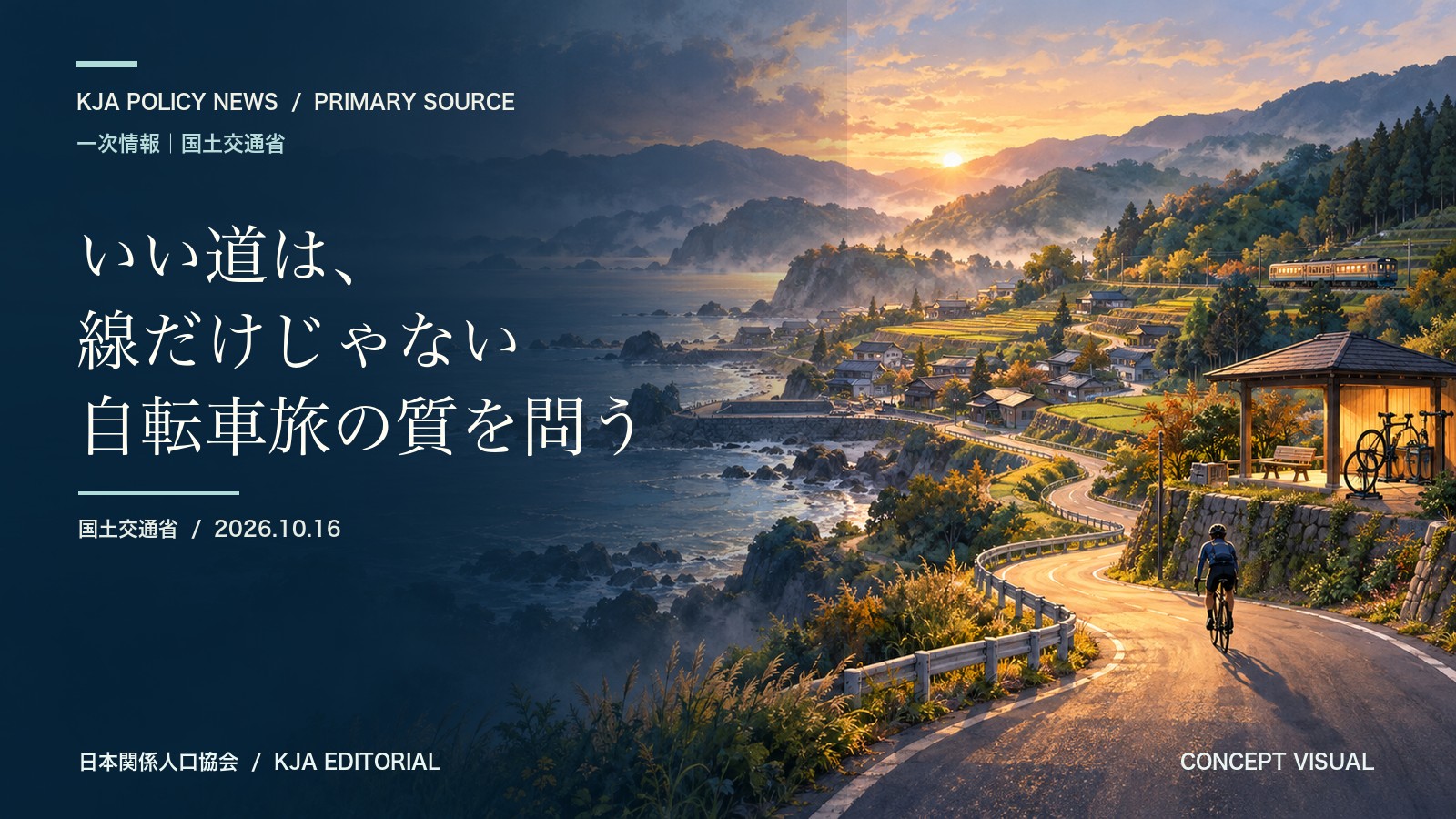 海と山と集落をつなぐ自転車旅と沿線の休憩・交通環境を描いたコンセプトビジュアル